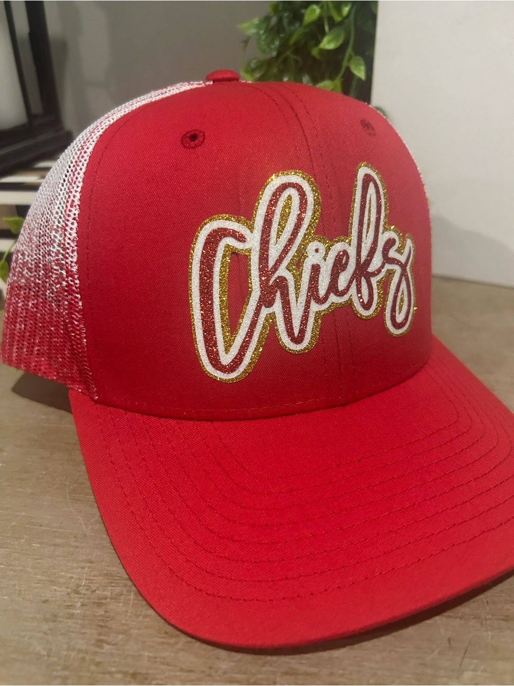 KC Chiefs Richardson trucker hat with gold/red glitter script 😍